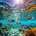 Shoal of colorful tropical fish in