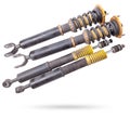 Shock absorber struts with black springs after being used on a car during replacement and repair on a white isolated background.