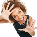 Shock, excited and portrait of a woman in a studio with a screaming, shouting and wow facial expression. Surprise, happy Royalty Free Stock Photo