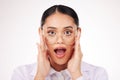 Shock, glasses and portrait of businesswoman in a studio with wow, omg or wtf facial expression. Surprise, optometry and Royalty Free Stock Photo