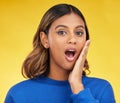 Shock, surprise and portrait of woman in a studio with a puzzled or wtf facial expression. Young, good news and young Royalty Free Stock Photo