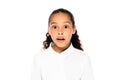 shocked african american schoolgirl looking at camera isolated on white. Royalty Free Stock Photo