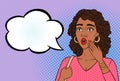 Shocked African American woman face with open mouth, vector illustration in retro pop art comics style. Surprised black woman shop
