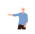 Shocked amazed senior man character pointing right with forefinger standing on white background