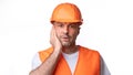 Shocked Builder Touching Face Having Problems Posing Over White Background