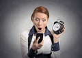 Shocked business woman with alarm clock looking at smart phone Royalty Free Stock Photo