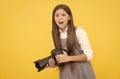 shocked child girl take photo with digicam, photography Royalty Free Stock Photo