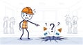 Construction Worker Stick Figure Shocked Pointing at Cracked Floor in White Room Royalty Free Stock Photo