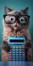 Shocked cute cat in glasses holding calculator counting taxes, created with Generative AI technology