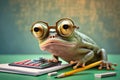 Shocked cute frog in glasses with surprised eyes and counting money, created with Generative AI technology