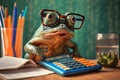 Shocked cute frog in glasses with surprised eyes and counting money, created with Generative AI technology