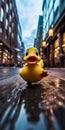 shocked cute rubber yellow duck in the street generative AI Royalty Free Stock Photo