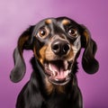 Shocked Dachshund Dog Looking at Camera on Purple Background AI Generated