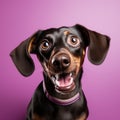 Shocked Dachshund Dog Looking at Camera on Purple Background AI Generated