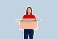 Shocked delivery girl is holding a big open parcel box Magazine collage style with trendy color background