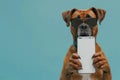 Shocked dog in sunglasses holding smartphone with white mockup screen on solid color background Royalty Free Stock Photo