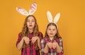 shocked easter children in bunny ears on yellow background