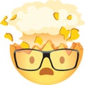 Shocked emoji wearing glasses. Exploding head nerd emoticon. Yellow face with an open mouth, wearing glasses and the top of its