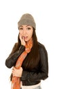 Shocked expression on female model's face wearing a beanie Royalty Free Stock Photo