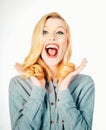 Shocked face of surprised young woman. Funny female shocked face expression. Unbelievable. Portrait of excited woman Royalty Free Stock Photo