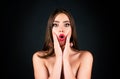 Shocked face of surprised young woman. Funny female shocked face expression. Unbelievable. Portrait of excited woman Royalty Free Stock Photo