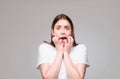 Shocked face of surprised young woman. Funny female shocked face expression. Unbelievable. Portrait of excited woman Royalty Free Stock Photo