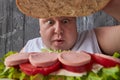 Shocked fat man is opening big sandwich Royalty Free Stock Photo