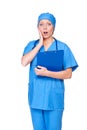 Shocked female in blue uniform