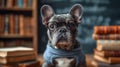 shocked french bulldog with glasses being astounded by the amount of information