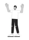 Shocked frustrated indian man holding hands up black and white 2D line cartoon character