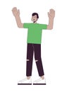 Shocked frustrated indian man holding hands up 2D linear cartoon character