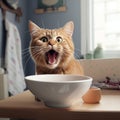 Shocked ginger cat with open mouth open mouth looking at a white bowl, portraying humor and curiosity Royalty Free Stock Photo