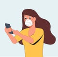 Shocked girl adult wears medical mask looks into her smartphone. Coronavirus. Portrait of a panicking woman. Vector flat