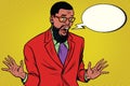 Shocked hipster bearded African American businessman says comic