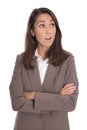 Shocked isolated businesswoman looking sideways to text. Royalty Free Stock Photo