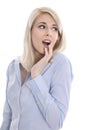 Shocked isolated young business woman looking surprised sideways Royalty Free Stock Photo