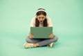 shocked kid chatting on computer. buy online. back to school. teen influencer blogging.