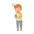 Shocked Little Boy Standing with Smartphone and Watching Something Vector Illustration