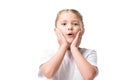 shocked little girl with hands on face looking at camera Royalty Free Stock Photo