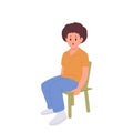 Shocked little preschool boy cartoon character sitting on chair with amazed emotion on face