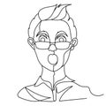 Shocked Man in Eyeglasses Portrait One Line Art. Surprised Male Facial Expression. Hand Drawn Linear Man Silhouette