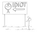 Person Looking Shocked on His Face and Idiot Text on Billboard Sign, Vector Cartoon Stick Figure Illustration