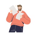 Shocked man reading paper document. Unhappy surprised cartoon male character hold bills and receipt