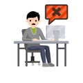Shocked man is sitting at table with monitor. Royalty Free Stock Photo