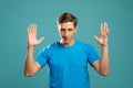 Shocked man wow emotion invisible present Royalty Free Stock Photo