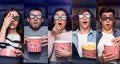 Shocked Millennial People In Cinema Watching Movies, Collage, Panorama