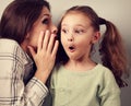 Shocked mother whispering the secret information to her surprising cute girl in ear on blue background