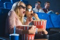 shocked multiracial women in 3d glasses with popcorn watching film together Royalty Free Stock Photo