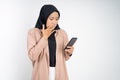 shocked muslim woman in hijab using a cell phone Royalty Free Stock Photo