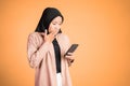 shocked muslim woman in hijab using a cell phone Royalty Free Stock Photo